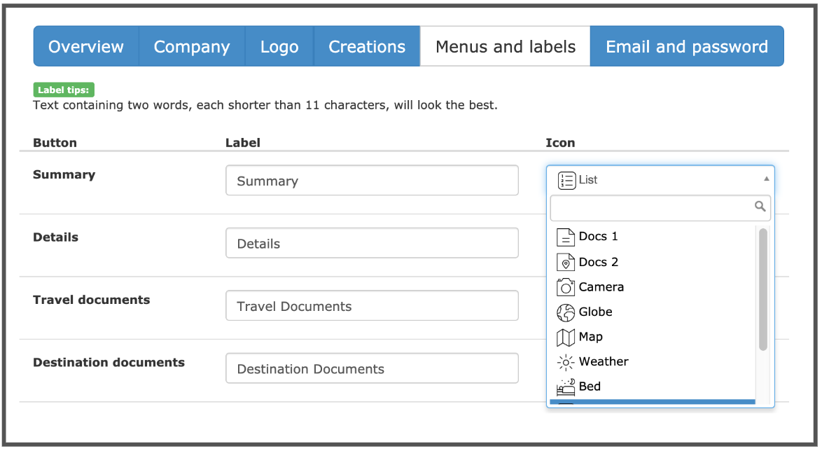 Customise labels and icons