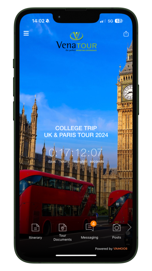 Venatours mobile app itinerary for a UK & Paris tour including trip details, documents, messaging, and posts. Shows itinerary for a college trip.